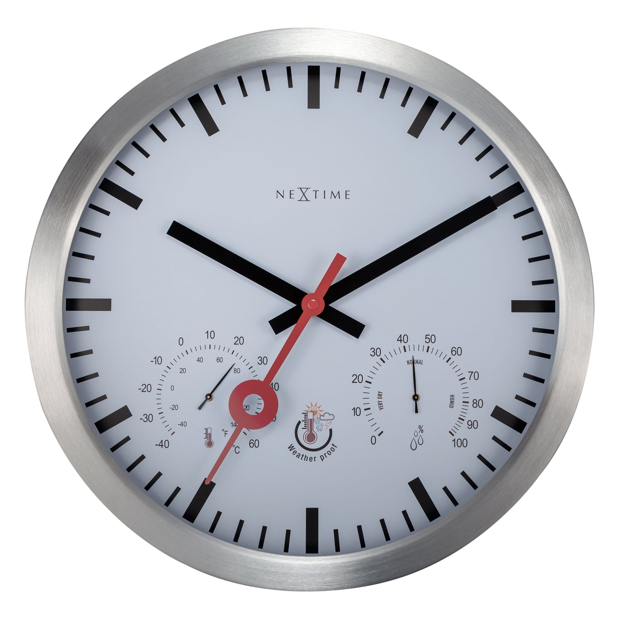 NeXtime Clocks garden wall clock with weatherproof aluminium design, 35cm diameter, silent operation featuring a Clematis floral pattern.